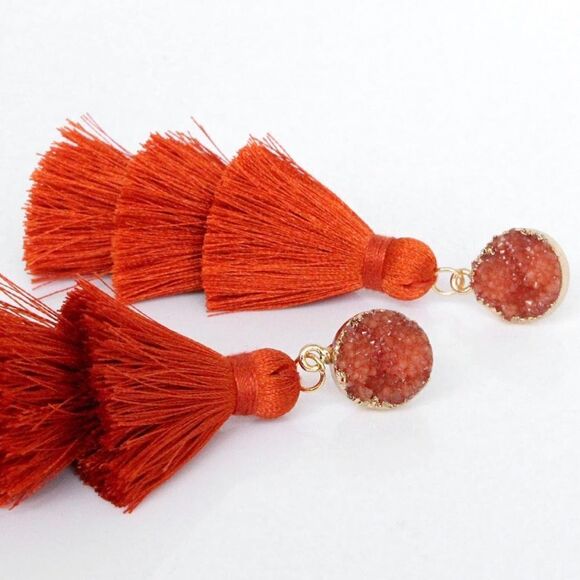 14K Yellow Gold with Burnt Orange Silk Thread Tassel and Quartz Druzy Earrings - Picture 2 of 9